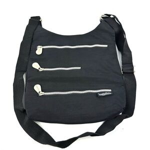 Baggallini Everywhere Crossbody Bag Black Nylon Triple Zip Handbag Travel NEW